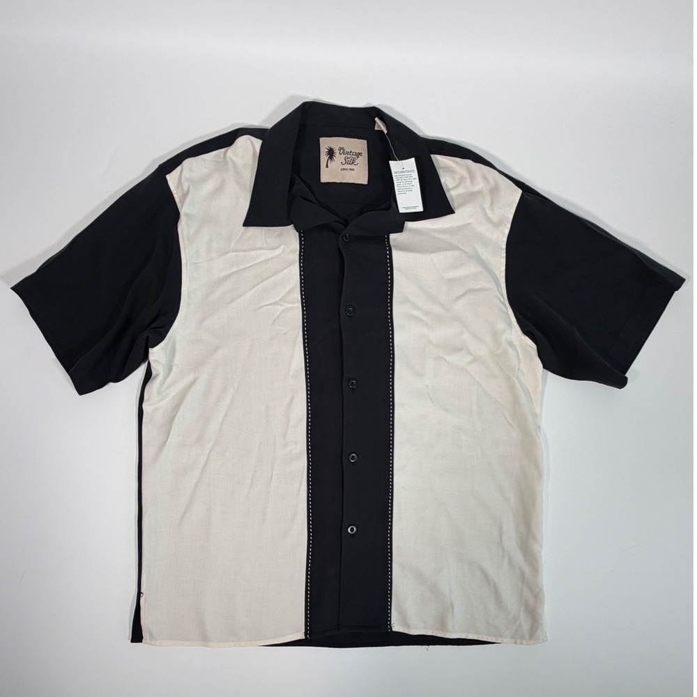 Vintage Silk Mens XL Black Cream Silk Bowling Shirt Minimalist Old Money NWT